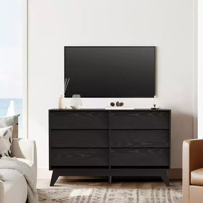 6-Schubladen-Kommode für Schlafzimmer, 120 cm breite Mid-Century-Kommode, TV-Lowboard aus Holz, für Schlafzimmer, Wohnzimmer, Flur