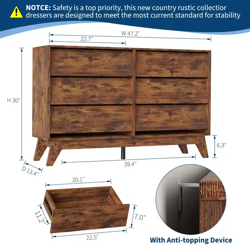 6-Schubladen-Kommode für Schlafzimmer, 120 cm breite Mid-Century-Kommode, TV-Lowboard aus Holz, für Schlafzimmer, Wohnzimmer, Flur