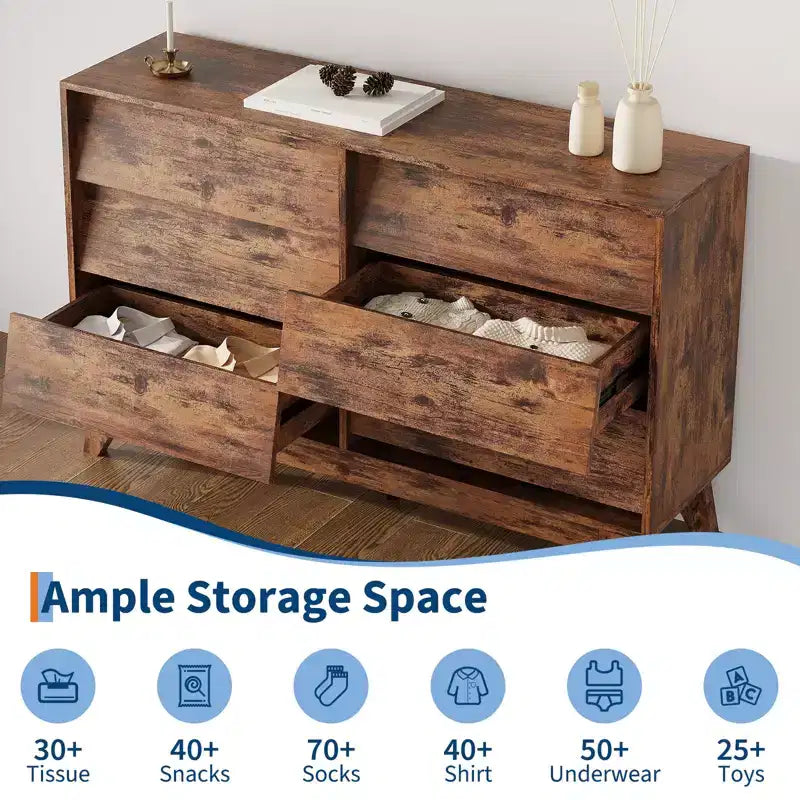 6-Schubladen-Kommode für Schlafzimmer, 120 cm breite Mid-Century-Kommode, TV-Lowboard aus Holz, für Schlafzimmer, Wohnzimmer, Flur