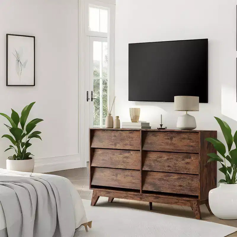 6-Schubladen-Kommode für Schlafzimmer, 120 cm breite Mid-Century-Kommode, TV-Lowboard aus Holz, für Schlafzimmer, Wohnzimmer, Flur