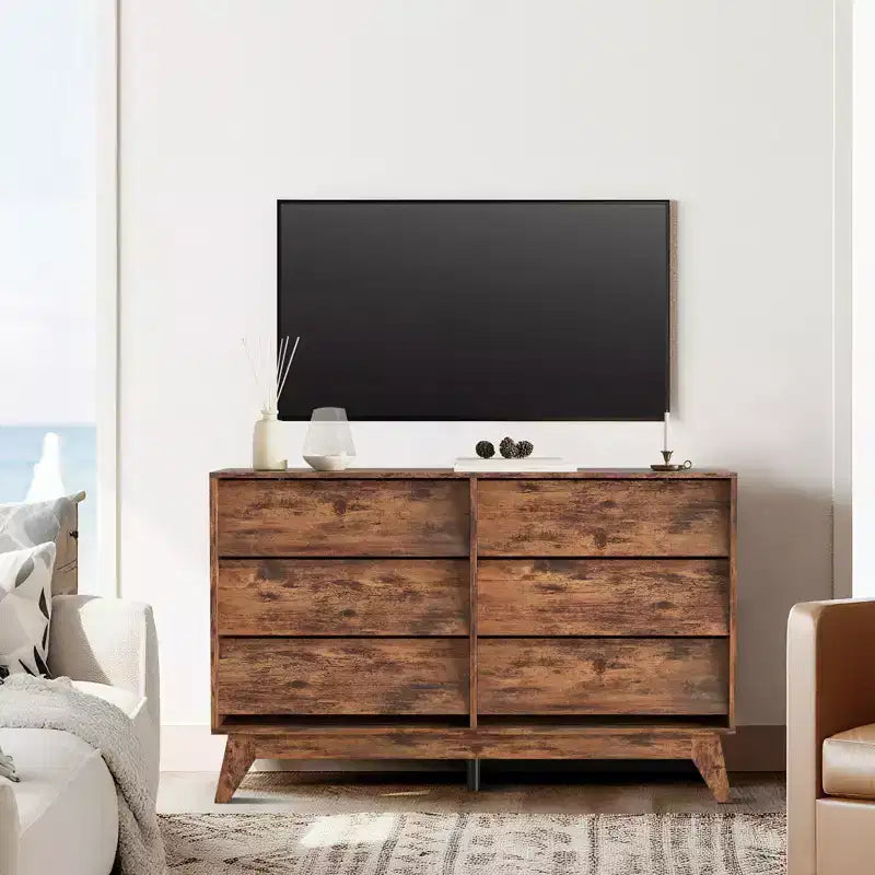 6-Schubladen-Kommode für Schlafzimmer, 120 cm breite Mid-Century-Kommode, TV-Lowboard aus Holz, für Schlafzimmer, Wohnzimmer, Flur