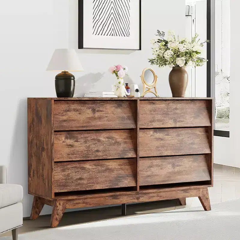 6-Drawer Dresser for Bedroom, 47.2 in Wide Mid Century Chest of Drawers, Wooden Dresser TV Stand, for Bedroom, Living Room, Hallway