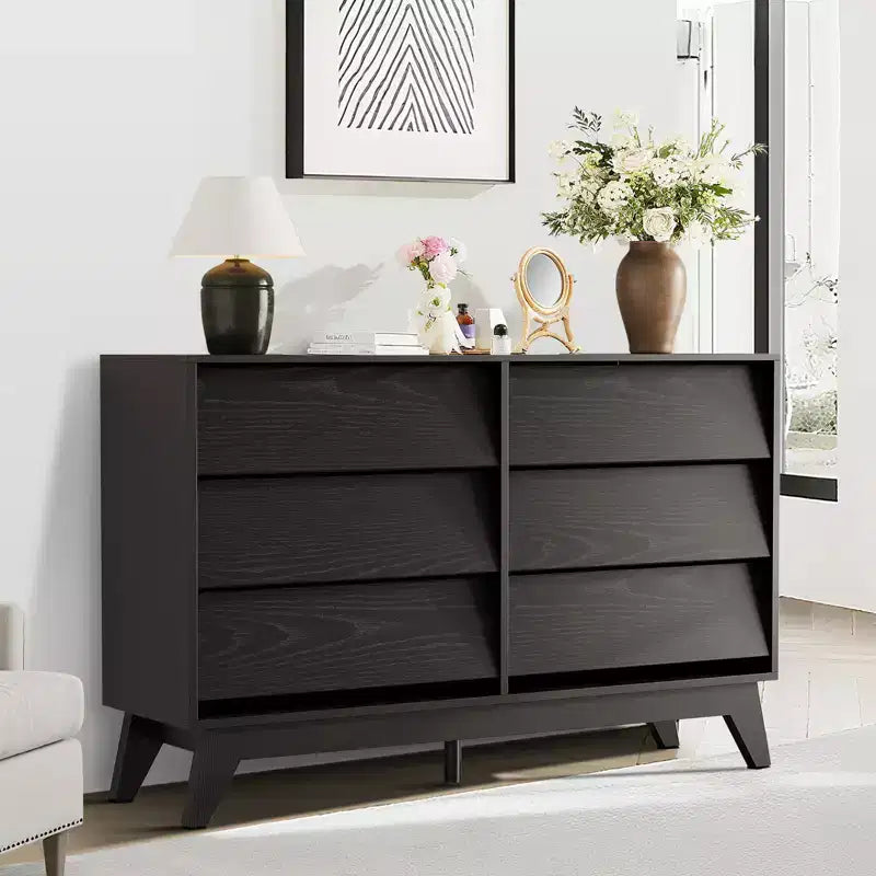 6-Schubladen-Kommode für Schlafzimmer, 120 cm breite Mid-Century-Kommode, TV-Lowboard aus Holz, für Schlafzimmer, Wohnzimmer, Flur