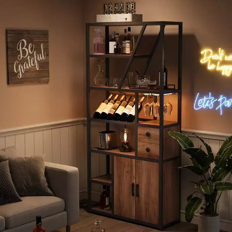 Weinbarschrank, Hohe Kaffeestation, Mikrowellenständer mit Stauraum, Bauernhaus-Kaffeestation mit Weinregal, Gläserhalter