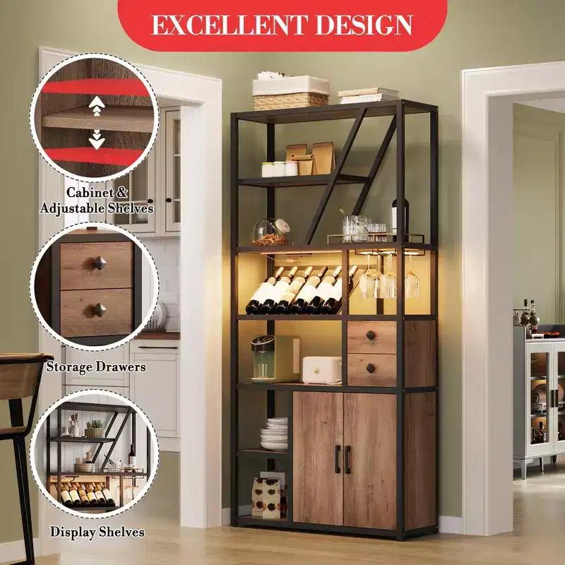Weinbarschrank, Hohe Kaffeestation, Mikrowellenständer mit Stauraum, Bauernhaus-Kaffeestation mit Weinregal, Gläserhalter