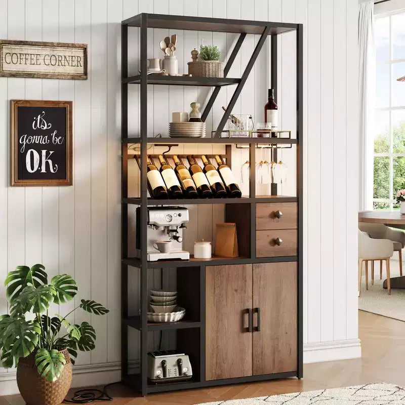 Weinbarschrank, Hohe Kaffeestation, Mikrowellenständer mit Stauraum, Bauernhaus-Kaffeestation mit Weinregal, Gläserhalter