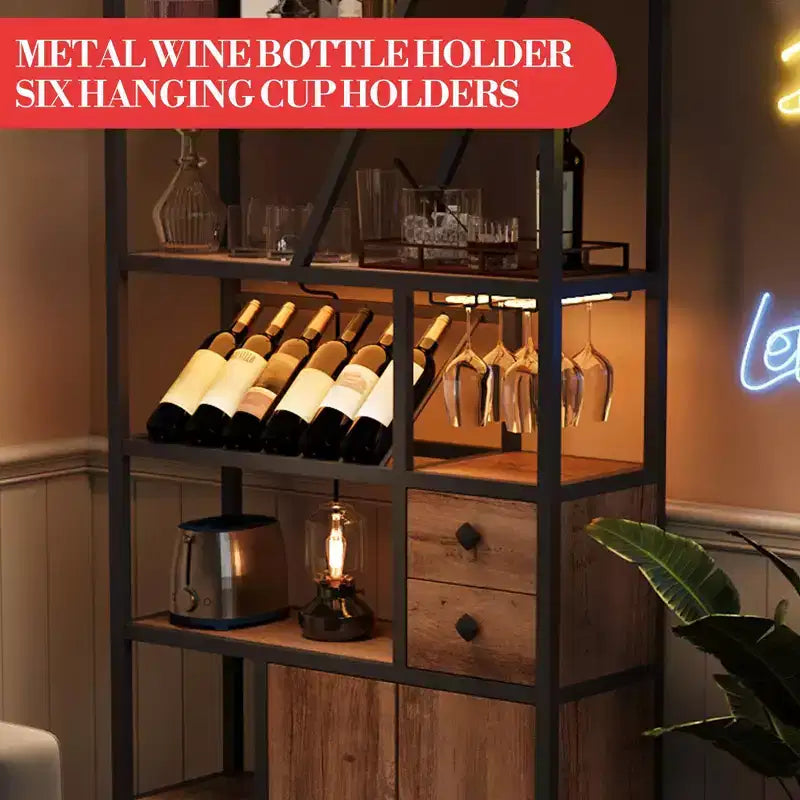 Weinbarschrank, Hohe Kaffeestation, Mikrowellenständer mit Stauraum, Bauernhaus-Kaffeestation mit Weinregal, Gläserhalter