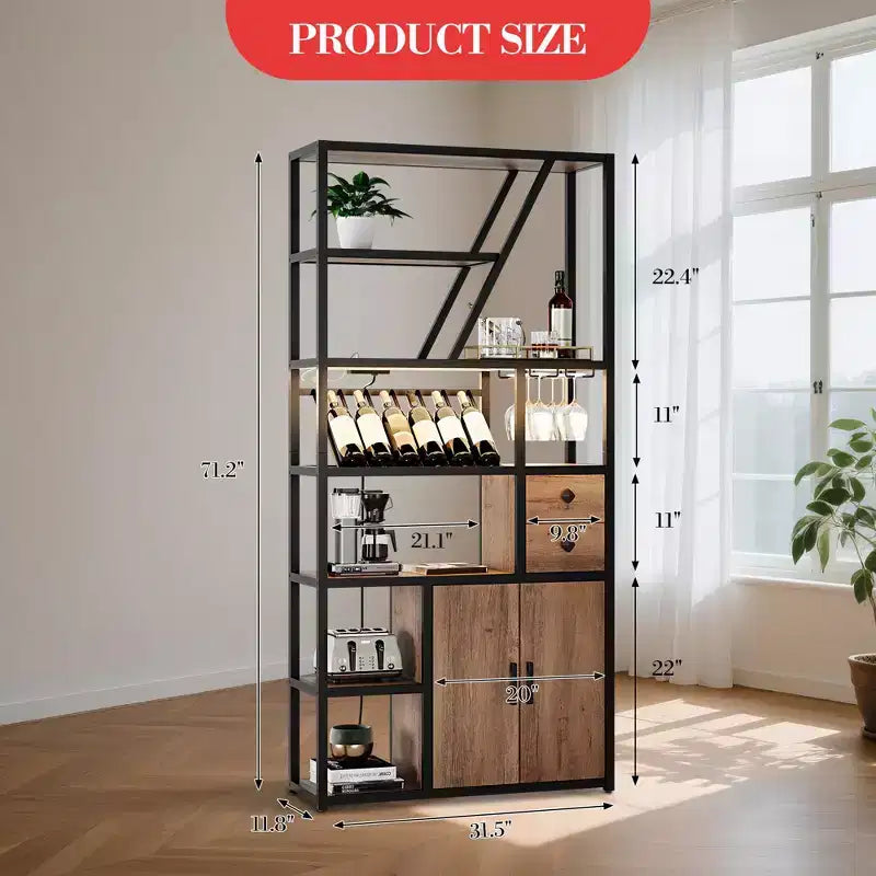 Weinbarschrank, Hohe Kaffeestation, Mikrowellenständer mit Stauraum, Bauernhaus-Kaffeestation mit Weinregal, Gläserhalter