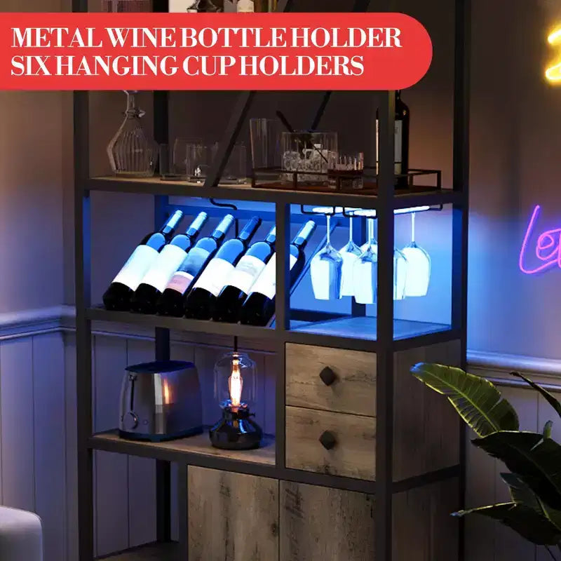 Weinbarschrank, Hohe Kaffeestation, Mikrowellenständer mit Stauraum, Bauernhaus-Kaffeestation mit Weinregal, Gläserhalter