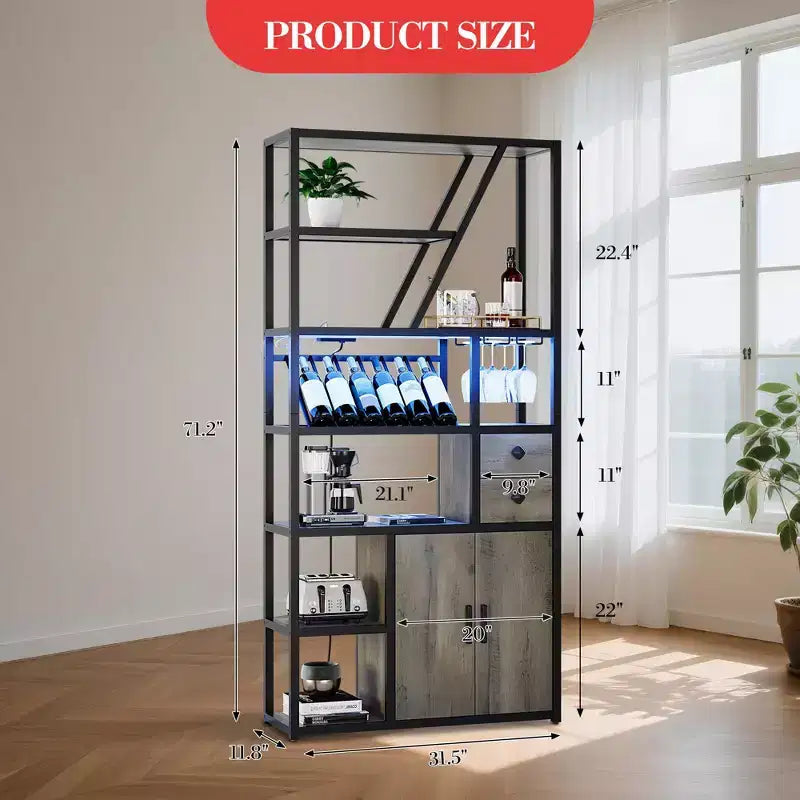 Weinbarschrank, Hohe Kaffeestation, Mikrowellenständer mit Stauraum, Bauernhaus-Kaffeestation mit Weinregal, Gläserhalter