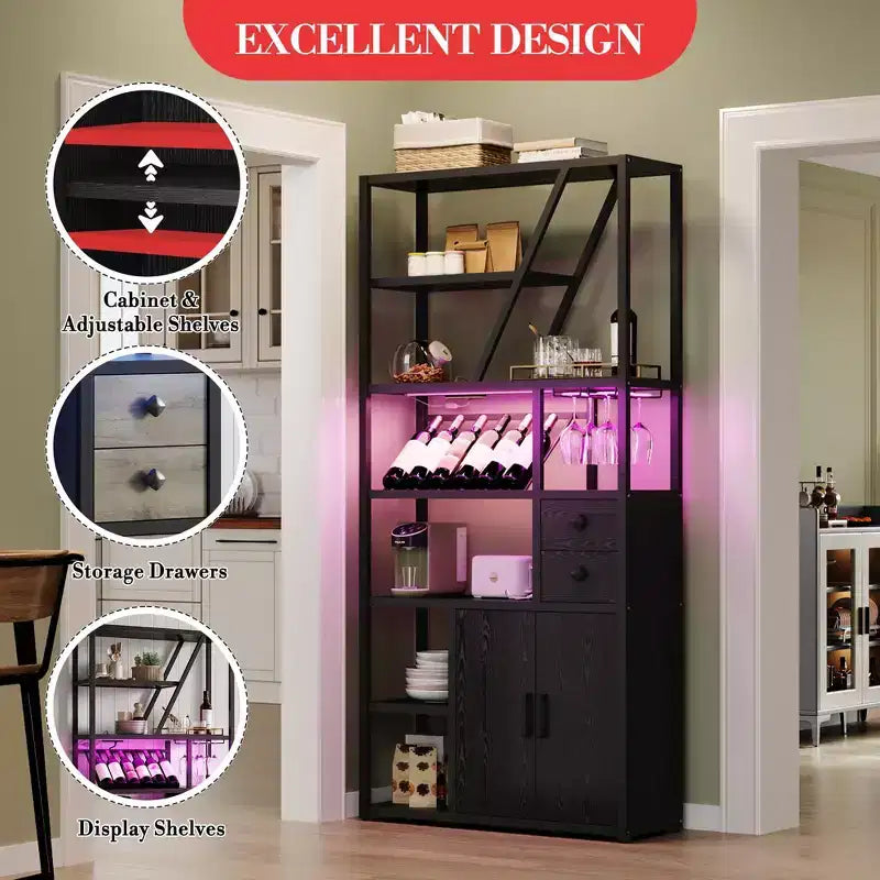 Weinbarschrank, Hohe Kaffeestation, Mikrowellenständer mit Stauraum, Bauernhaus-Kaffeestation mit Weinregal, Gläserhalter