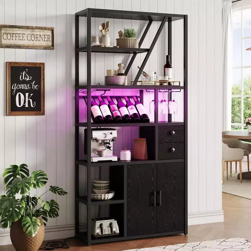 Weinbarschrank, Hohe Kaffeestation, Mikrowellenständer mit Stauraum, Bauernhaus-Kaffeestation mit Weinregal, Gläserhalter