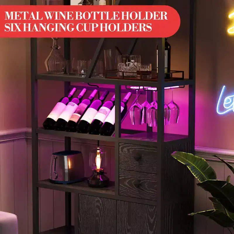 Weinbarschrank, Hohe Kaffeestation, Mikrowellenständer mit Stauraum, Bauernhaus-Kaffeestation mit Weinregal, Gläserhalter