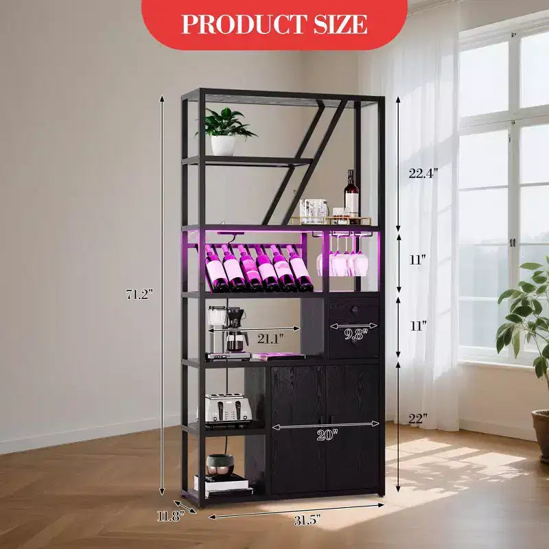 Weinbarschrank, Hohe Kaffeestation, Mikrowellenständer mit Stauraum, Bauernhaus-Kaffeestation mit Weinregal, Gläserhalter
