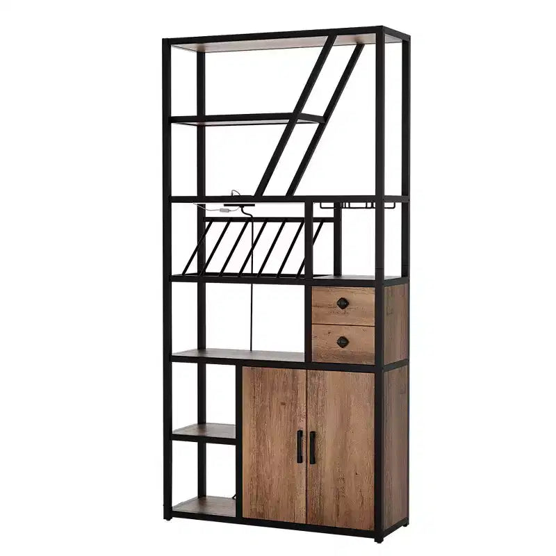 Weinbarschrank, Hohe Kaffeestation, Mikrowellenständer mit Stauraum, Bauernhaus-Kaffeestation mit Weinregal, Gläserhalter