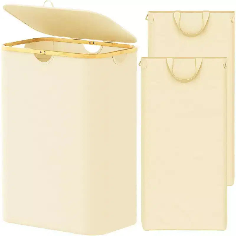 Laundry Hamper 2-compartment with 2 Removable Bags, 160L Collapsible Basket with Lid and Bamboo Handles  SpaceAid