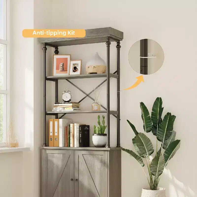 Industrial Farmhouse Bookcase with Doors - 74 Tall Wood & Metal Bookshelf with Storage Cabinet for Living Room, Home Office, Bedroom, Library