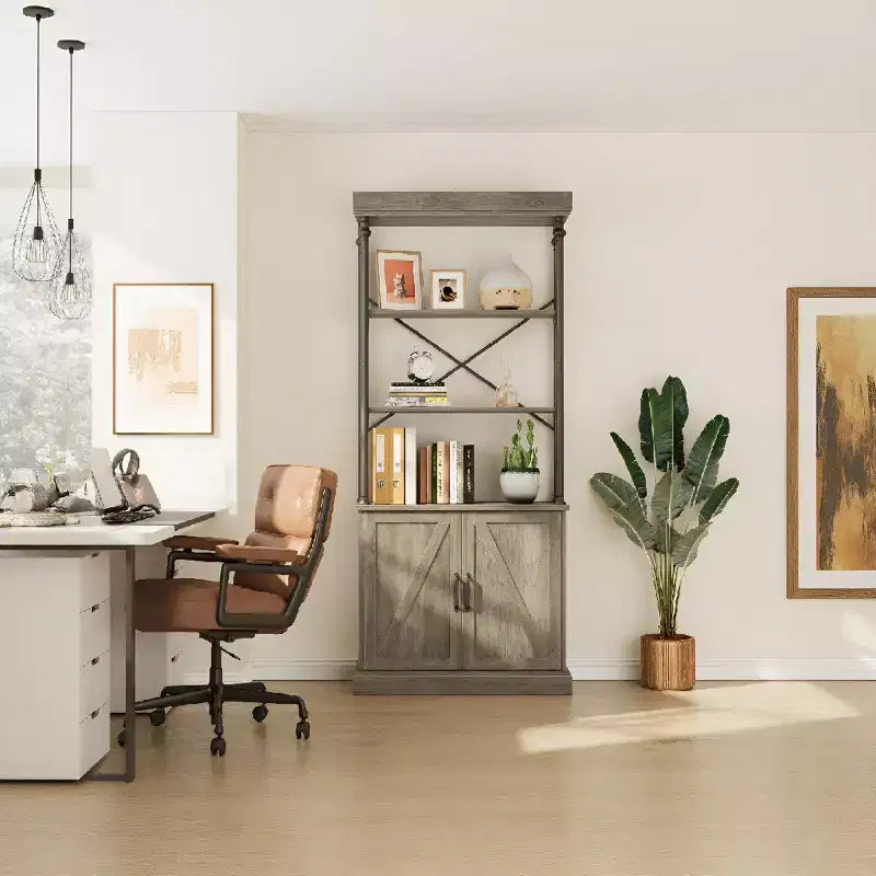 Industrielles Bauernhaus-Bücherregal mit Türen – 74 großes Holz- und Metall-Bücherregal mit Aufbewahrungsschrank für Wohnzimmer, Heimbüro, Schlafzimmer, Bibliothek