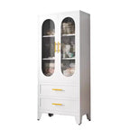 73 Tall Metal Storage Cabinet, Kitchen Pantry Cabinet with 2 Glass Doors, 2 Drawers, 2 Adjustable Shelves, White Cupboard Storage Organizer