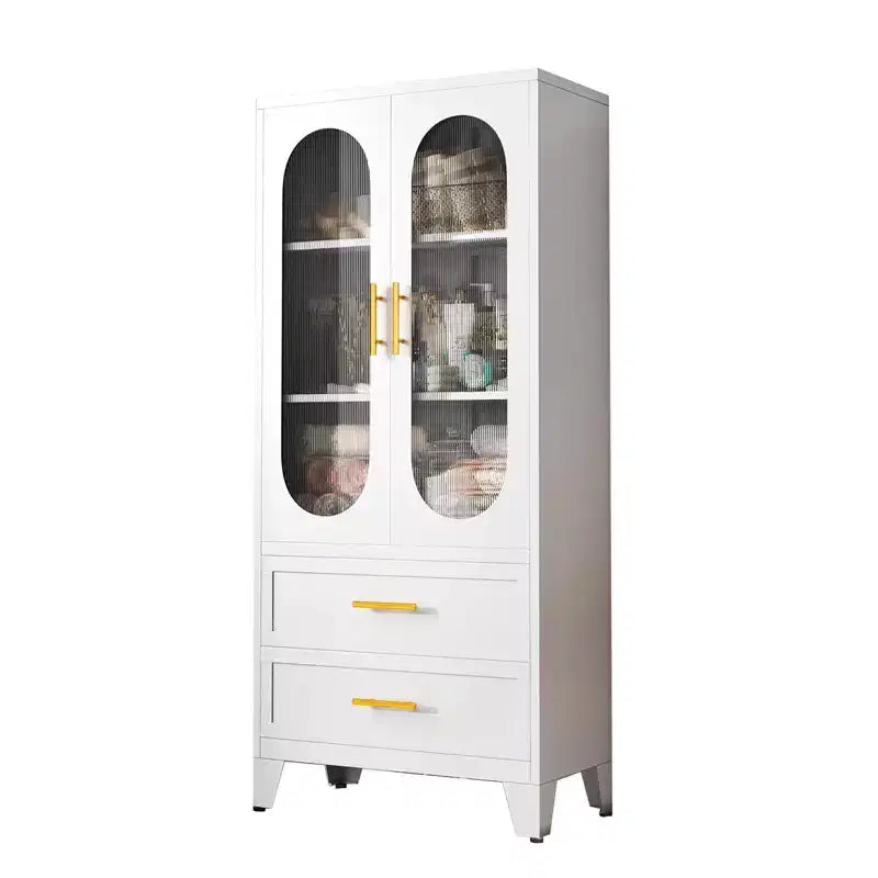 73 Tall Metal Storage Cabinet, Kitchen Pantry Cabinet with 2 Glass Doors, 2 Drawers, 2 Adjustable Shelves, White Cupboard Storage Organizer