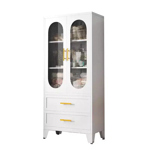 73 Tall Metal Storage Cabinet, Kitchen Pantry Cabinet with 2 Glass Doors, 2 Drawers, 2 Adjustable Shelves, White Cupboard Storage Organizer