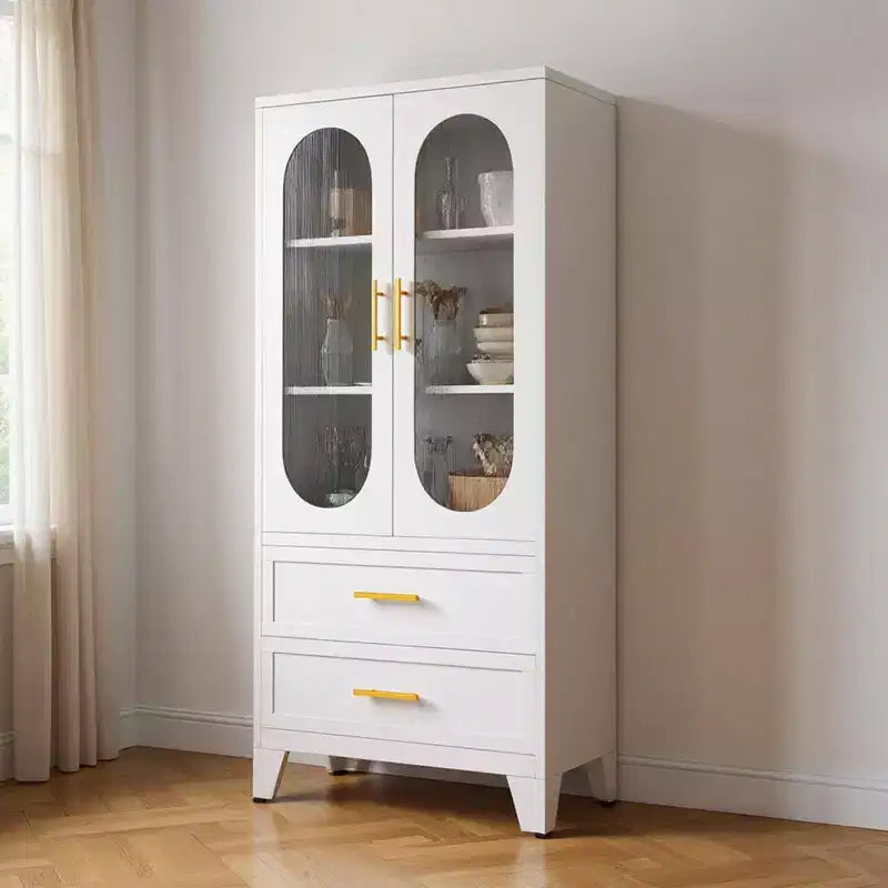 73-Zoll-Metallschrank, Küchenbuffet mit 2 Glastüren, 2 Schubladen, 2 verstellbaren Einlegeböden, weißer Vorratsschrank