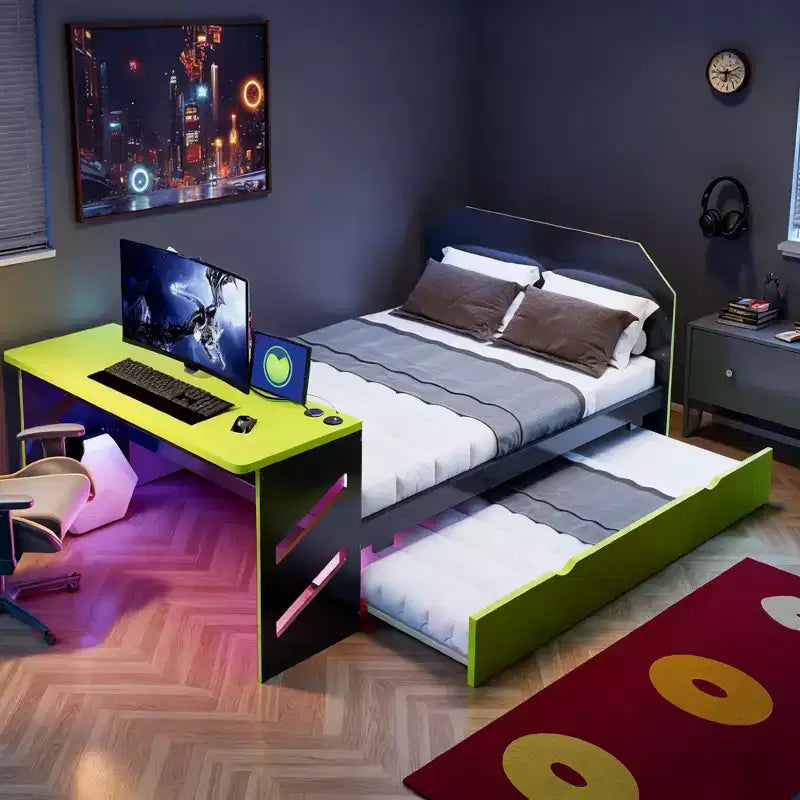 Luxystar Daybed in voller Größe mit integriertem Schreibtisch, USB-Ladeanschluss und ausziehbarem Twin-Bett, platzsparendes multifunktionales Bett für Gästezimmer und Gaming