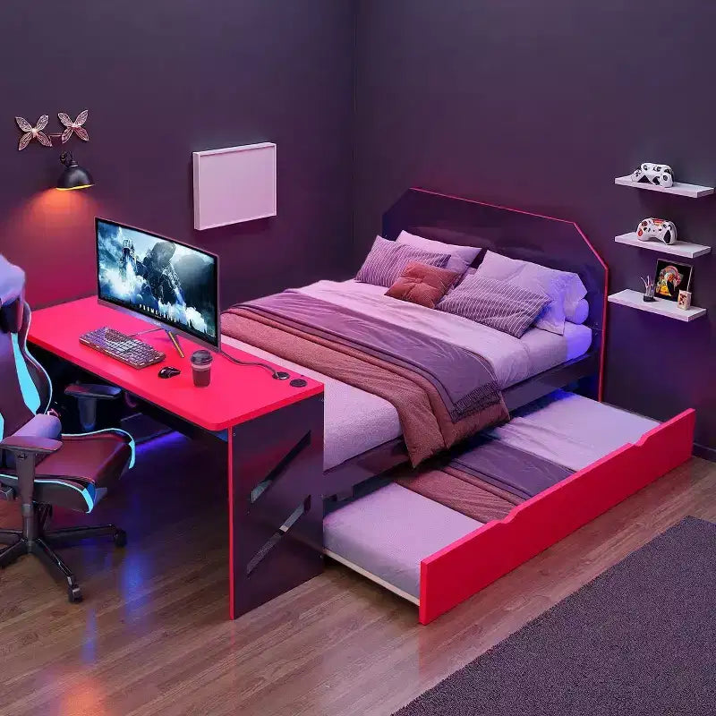 Luxystar Daybed in voller Größe mit integriertem Schreibtisch, USB-Ladeanschluss und ausziehbarem Twin-Bett, platzsparendes multifunktionales Bett für Gästezimmer und Gaming