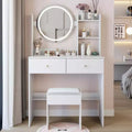 Vanity Desk with Mirror and Lights, Cushioned Stool SetThree Color Touch Switch ModeMulti-Layer Large-Capacity StorageSuitable for Small Spaces
