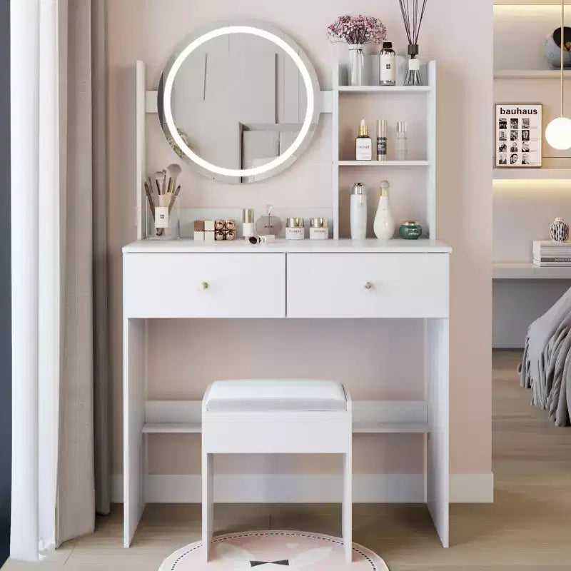 Vanity Desk with Mirror and Lights, Cushioned Stool SetThree Color Touch Switch ModeMulti-Layer Large-Capacity StorageSuitable for Small Spaces