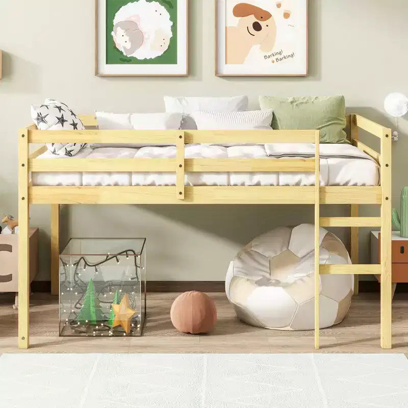 MAYEERTY Twin Loft Bed Solid Rubber Wooden with Ladder Bed Platform of Strengthened Slats for Living Room Beige