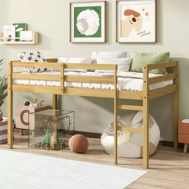 MAYEERTY Doppel-Hochbett aus massivem Kautschukholz mit Leiter, Bettplattform mit verstärkten Latten für das Wohnzimmer, Beige