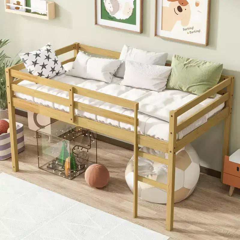 MAYEERTY Doppel-Hochbett aus massivem Kautschukholz mit Leiter, Bettplattform mit verstärkten Latten für das Wohnzimmer, Beige