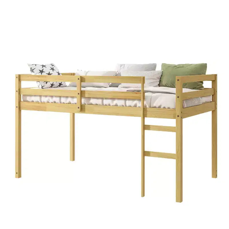 MAYEERTY Doppel-Hochbett aus massivem Kautschukholz mit Leiter, Bettplattform mit verstärkten Latten für das Wohnzimmer, Beige