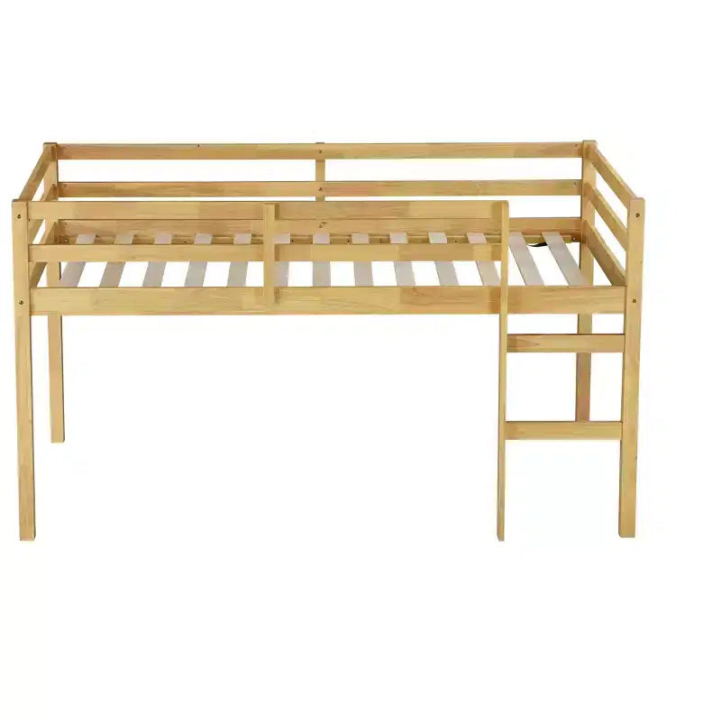 MAYEERTY Doppel-Hochbett aus massivem Kautschukholz mit Leiter, Bettplattform mit verstärkten Latten für das Wohnzimmer, Beige