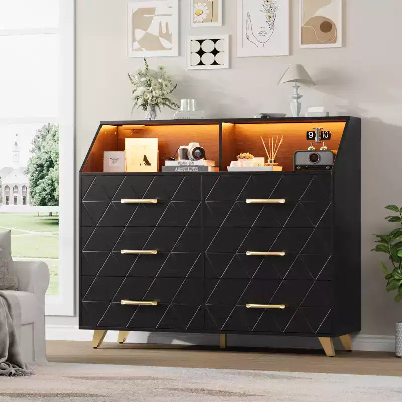 Black Chest of Drawer with Led Light Strip,Modern 6 Drawer Dresser,Charging Station,Open Shelf, Large Wooden Dresser Cabinet for Bedroom, Living Room