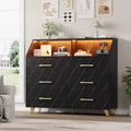 Black Chest of Drawer with Led Light Strip,Modern 6 Drawer Dresser,Charging Station,Open Shelf, Large Wooden Dresser Cabinet for Bedroom, Living Room