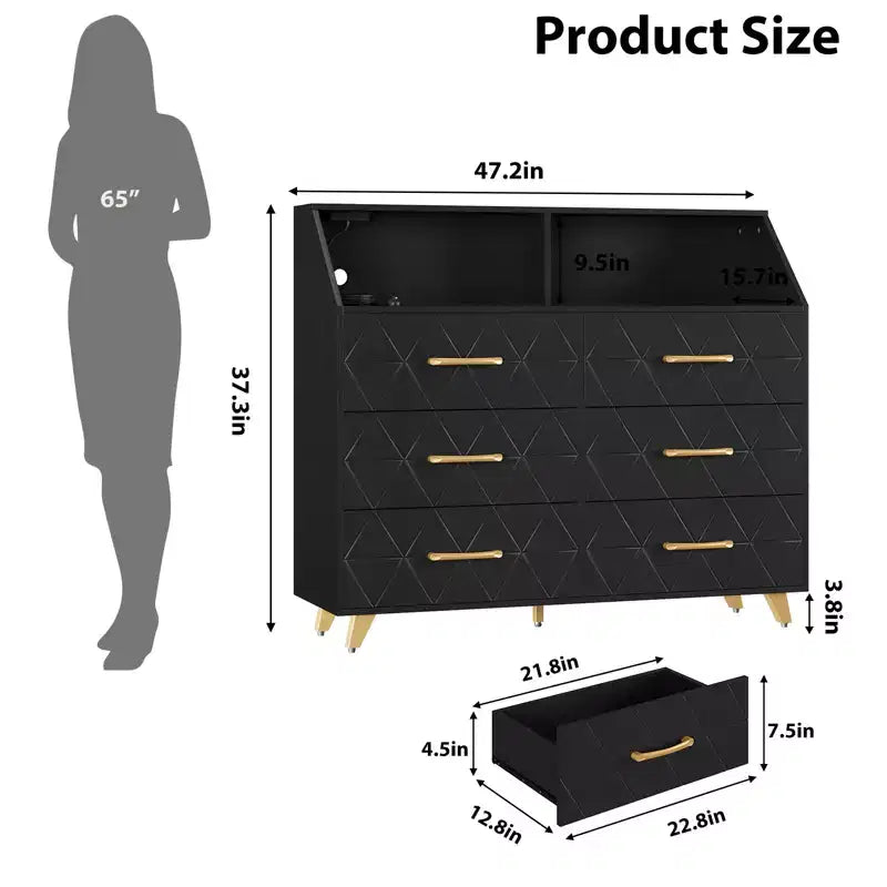 Schwarze Kommode mit LED-Lichtleiste, moderne Kommode mit 6 Schubladen, Ladestation, offenes Regal, großer Holzschrank für Schlafzimmer, Wohnzimmer