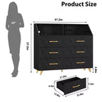 Schwarze Kommode mit LED-Lichtleiste, moderne Kommode mit 6 Schubladen, Ladestation, offenes Regal, großer Holzschrank für Schlafzimmer, Wohnzimmer