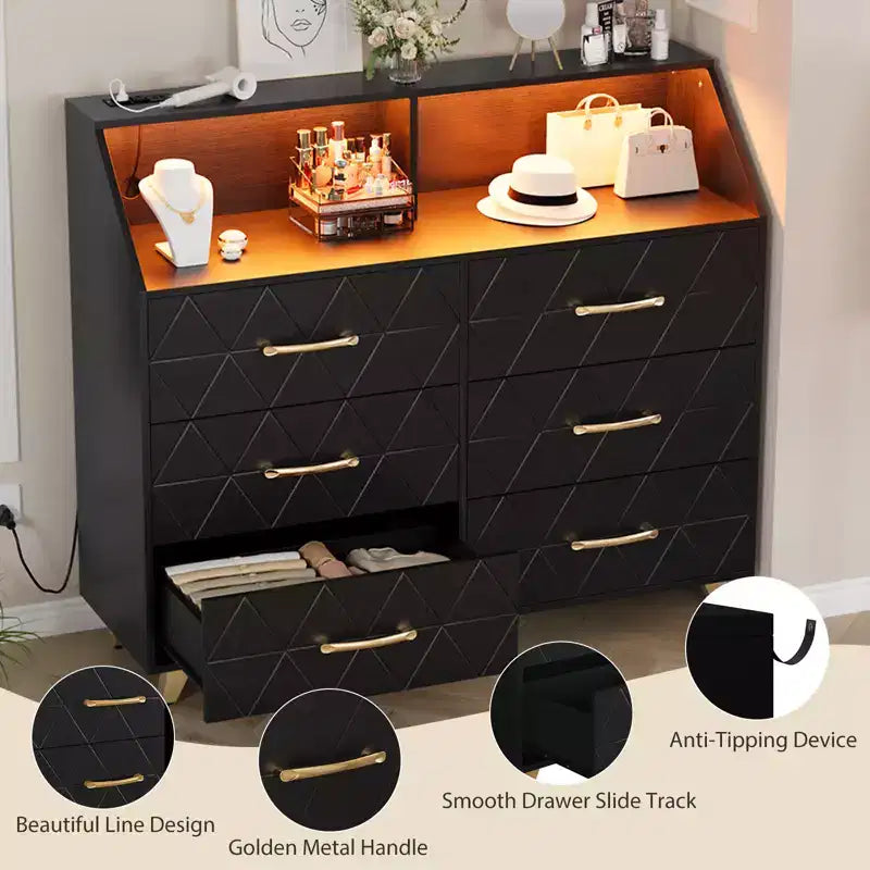 Schwarze Kommode mit LED-Lichtleiste, moderne Kommode mit 6 Schubladen, Ladestation, offenes Regal, großer Holzschrank für Schlafzimmer, Wohnzimmer