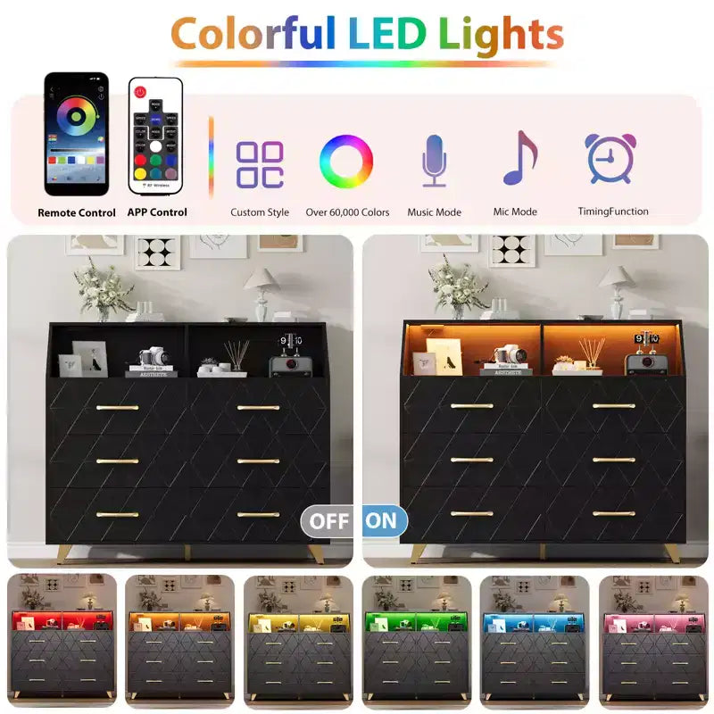 Schwarze Kommode mit LED-Lichtleiste, moderne Kommode mit 6 Schubladen, Ladestation, offenes Regal, großer Holzschrank für Schlafzimmer, Wohnzimmer