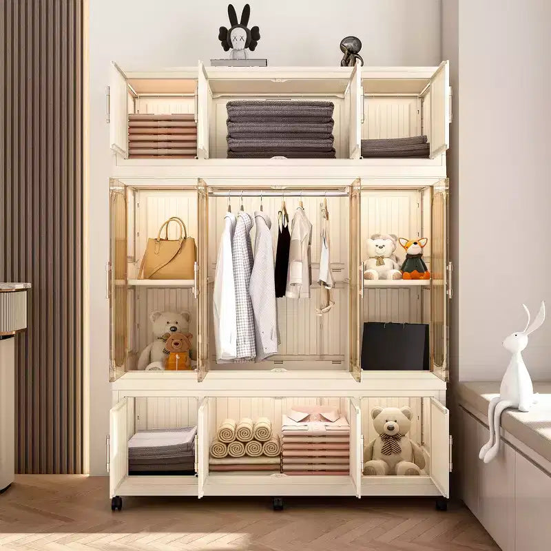 Whisen Kleiderschrank Organizer, Kommode, 9 Magnettüren – 9 Fächer & 1 Kleiderstange, 6 Kleiderbügel