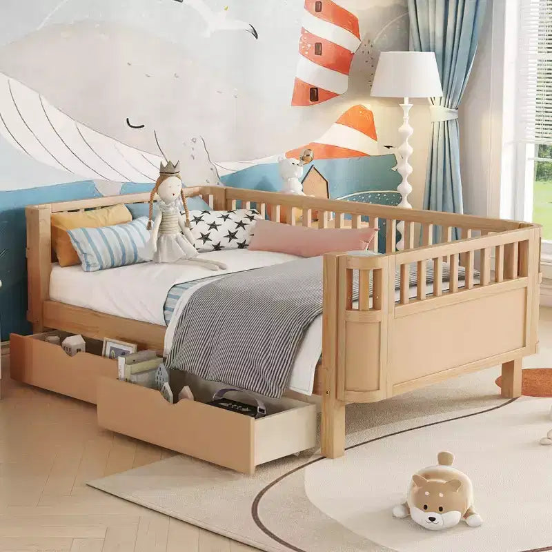 Twin/Full Size Wood Platform Bed for Kids, Low Profile Bed with Safety Rails & Storage Drawers for Bedroom - ModernLuxe