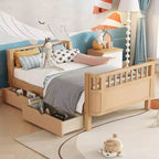 Kinderbett aus Holz für Doppel-/Einzelbetten, niedriges Plattformbett mit Sicherheitsgeländern und Schubladen für das Schlafzimmer - ModernLuxe