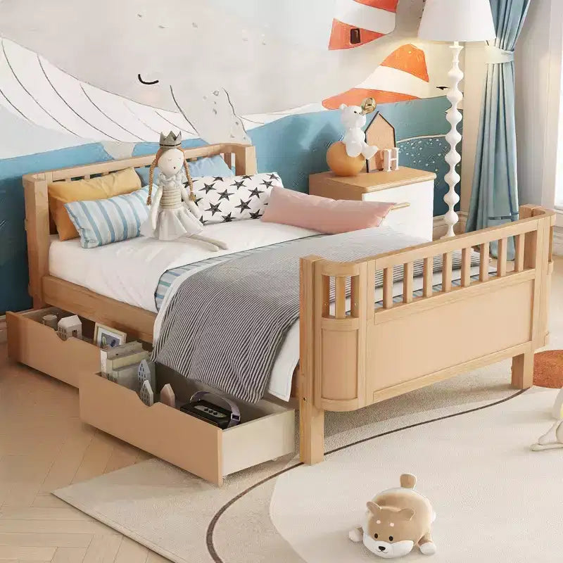 Kinderbett aus Holz für Doppel-/Einzelbetten, niedriges Plattformbett mit Sicherheitsgeländern und Schubladen für das Schlafzimmer - ModernLuxe