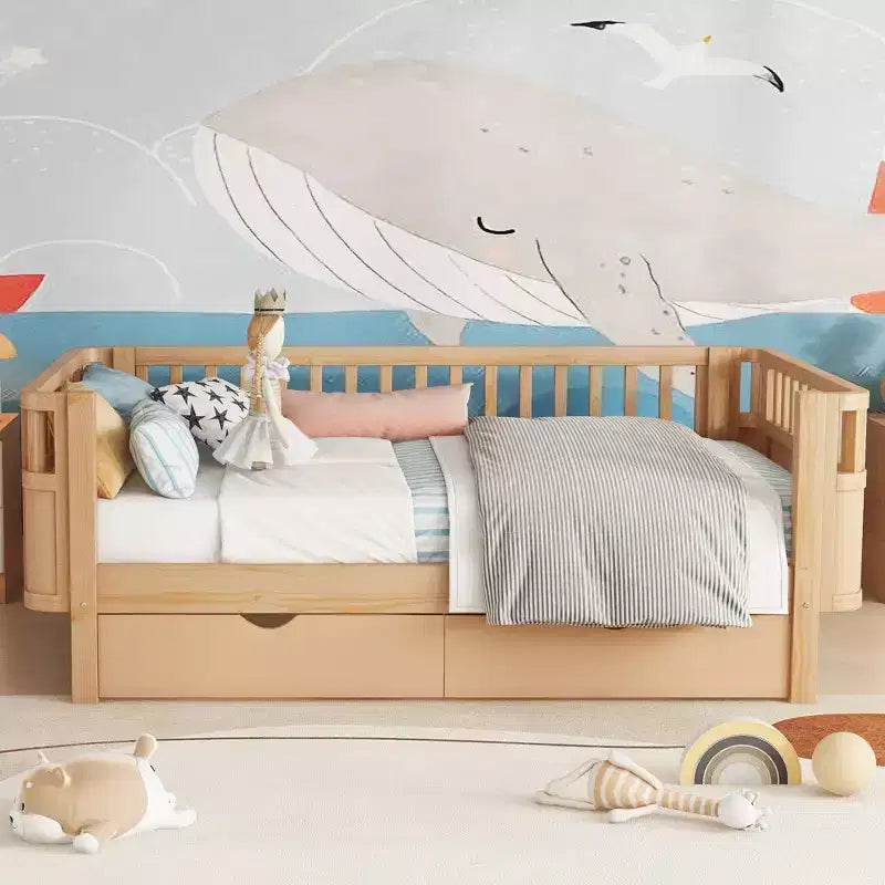 Kinderbett aus Holz für Doppel-/Einzelbetten, niedriges Plattformbett mit Sicherheitsgeländern und Schubladen für das Schlafzimmer - ModernLuxe