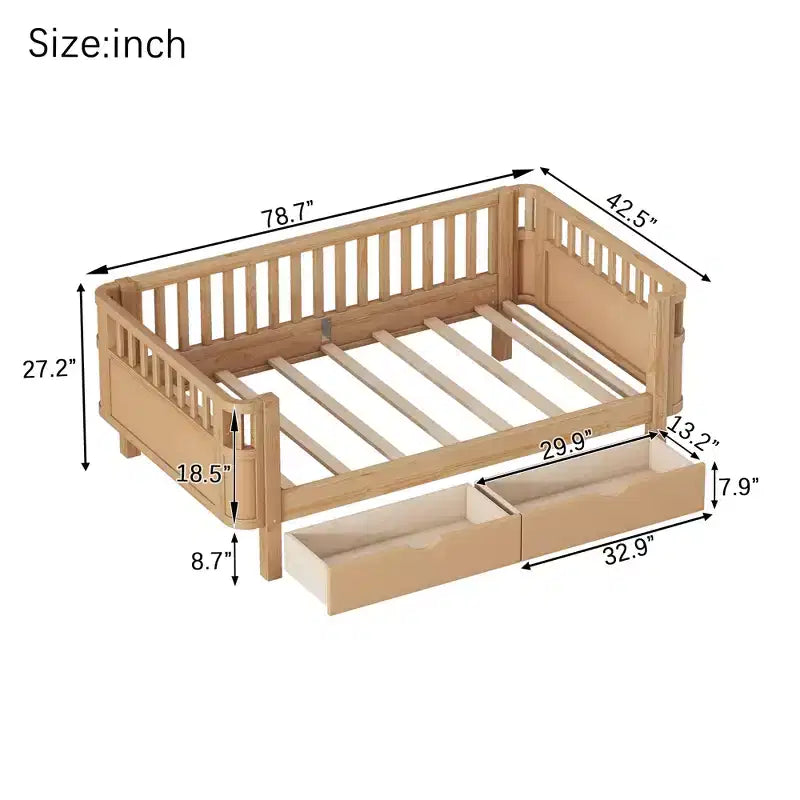 Kinderbett aus Holz für Doppel-/Einzelbetten, niedriges Plattformbett mit Sicherheitsgeländern und Schubladen für das Schlafzimmer - ModernLuxe