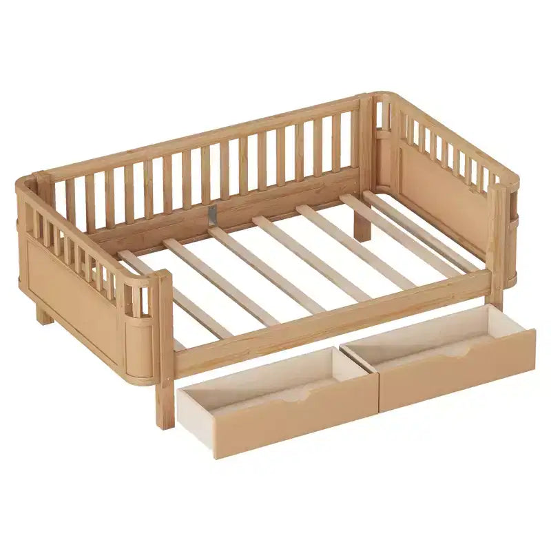 Kinderbett aus Holz für Doppel-/Einzelbetten, niedriges Plattformbett mit Sicherheitsgeländern und Schubladen für das Schlafzimmer - ModernLuxe