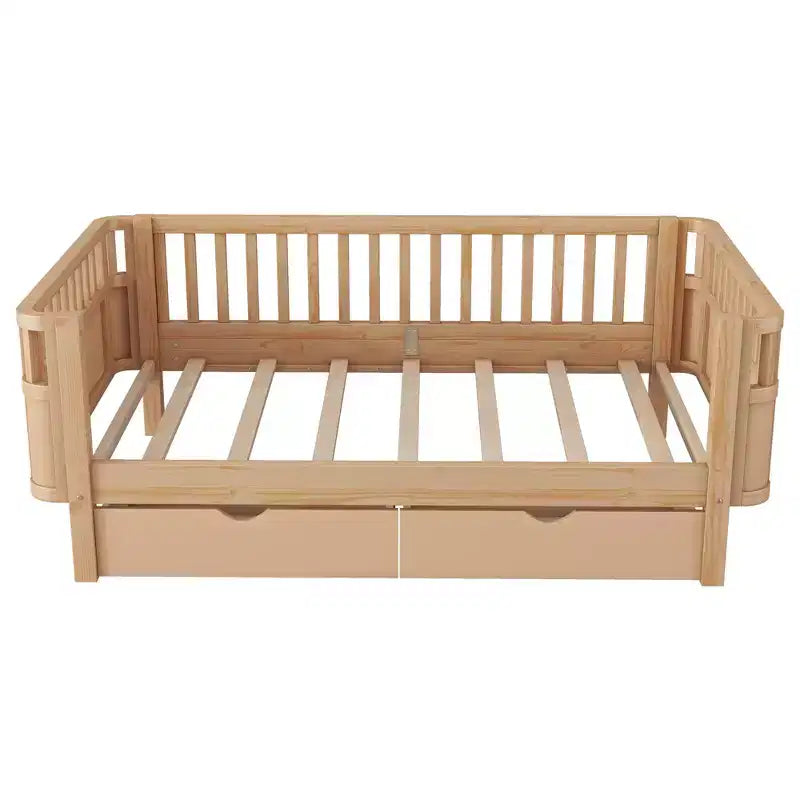 Kinderbett aus Holz für Doppel-/Einzelbetten, niedriges Plattformbett mit Sicherheitsgeländern und Schubladen für das Schlafzimmer - ModernLuxe