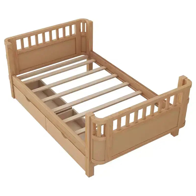 Kinderbett aus Holz für Doppel-/Einzelbetten, niedriges Plattformbett mit Sicherheitsgeländern und Schubladen für das Schlafzimmer - ModernLuxe